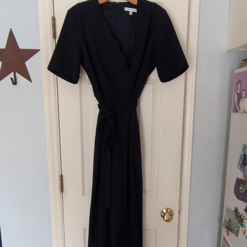 Sandra Darren navy wrap romper Long v neck short sleeve tie waist